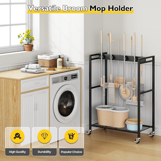 BORISI Broom And Mop Holder, Movable Broom Closet Storage Cabinet, Cleaning Cart - Image 3