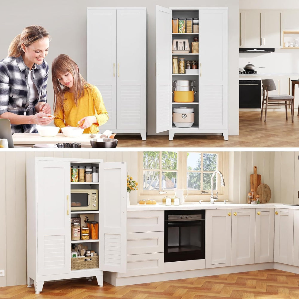 61" H Storage Cabinet, Freestanding Kitchen Pantry Cabinet with Louvered...