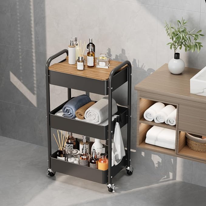 3 Tier Rolling Cart with Table top, Metal Utility Cart, Sturdy Storage - Image 7