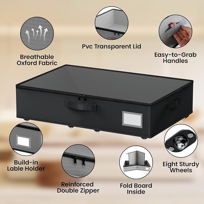 Underbed Storage with Wheels, 2 Pack Under Bed Storage Containers with Clear - Image 4