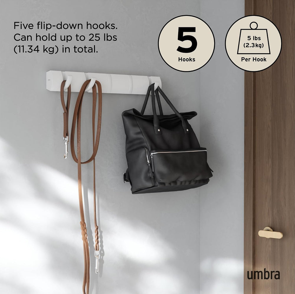 Umbra Flip Coat Rack, Wall Mounted 5-Hook Space Saving, White