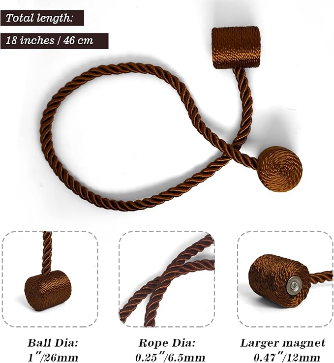 Hion Magnetic Curtain Tiebacks Dark Brown 6 Pack, Curtain Tiebacks Buckles - Image 2