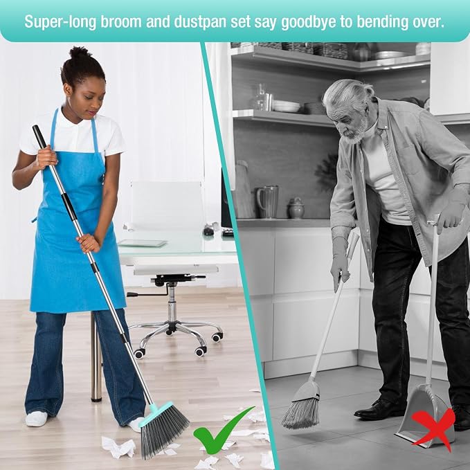 Broom with Dustpan Combo Set, Pet Hair Rubber Broom with Carpet Rake and - Image 7