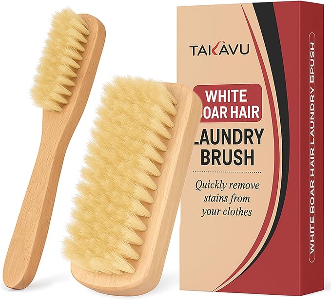 Boar Bristle Laundry Stain Brush Set by TAKAVU, Stiff Pure Boar Bristle by TAKAVU