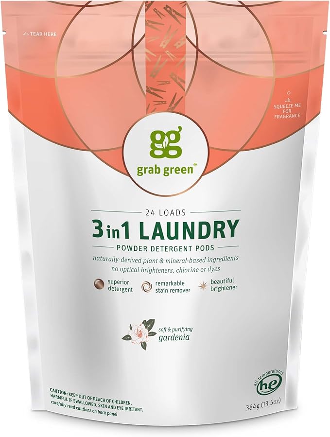 Grab Green 3-in-1 Laundry Detergent Pods, Gardenia Scent, Plant and Mineral by GrabGreen