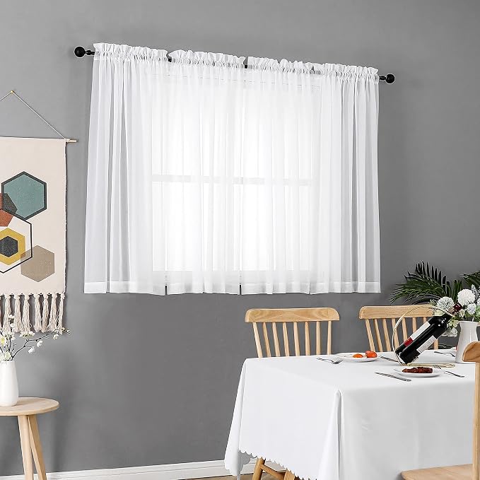 Chyhomenyc White Sheer Curtains 45 Inch Long 2 Panels, Short Voile Drapes - Image 2