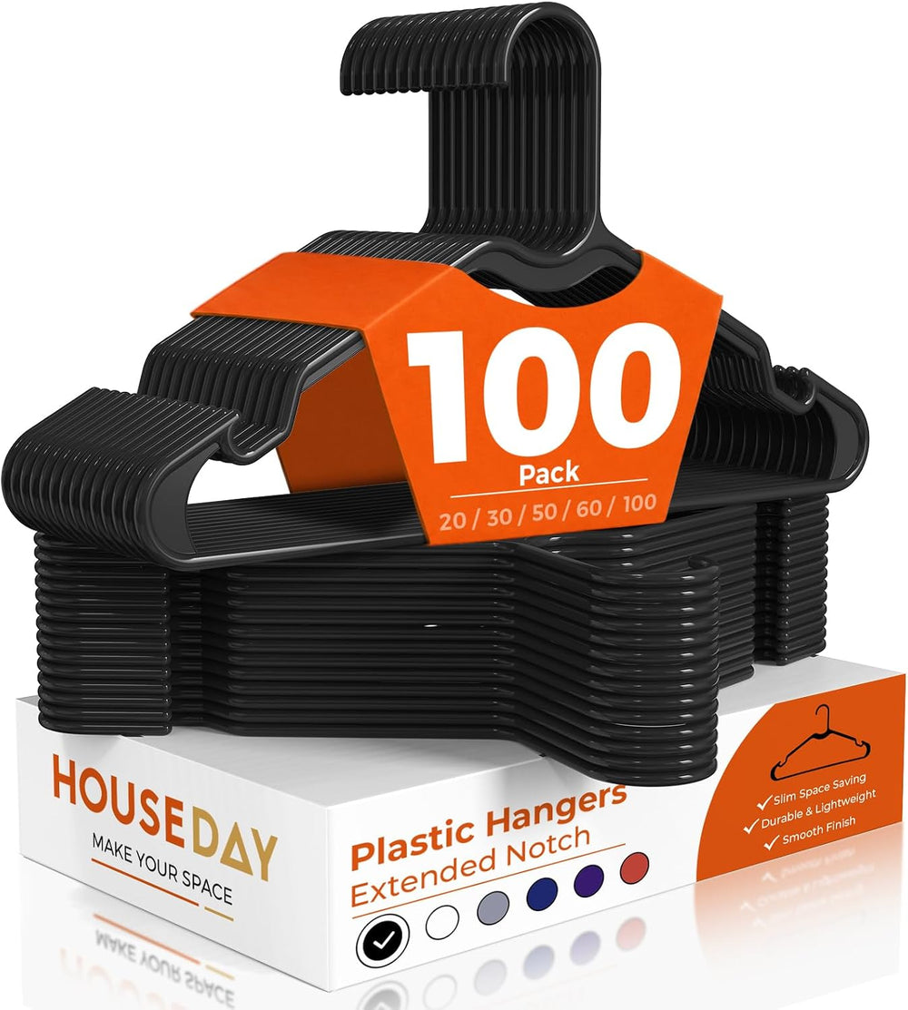 HOUSE DAY Black Plastic Hangers 100 Pack, Slim Clothes Hangers for Closet