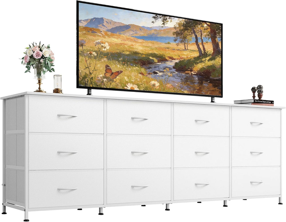 WLIVE Long Dresser TV Stand for 85 Inch TV, 12 Drawer Dresser, White