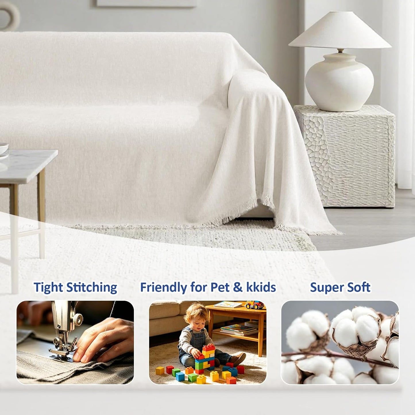 Chenille Couch Cover for Dogs, Boho Sofa Cover Washable Couch Cover, 3 Cushion Sofa Cover, Pet Throw Blankets for Couches with Tassel Furniture Protector Covers,71"×118",Beige White