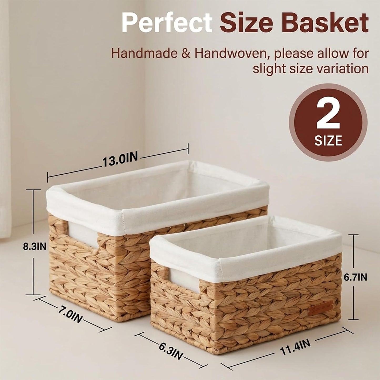 Water Hyacinth Wicker Baskets for Storage, Handwoven Rattan Shelf Basket for Organizing Pantry Closet Bedroom, 100% Natural Decorative Woven Organizer with Handles and Waterproof Canvas, 4 Pack