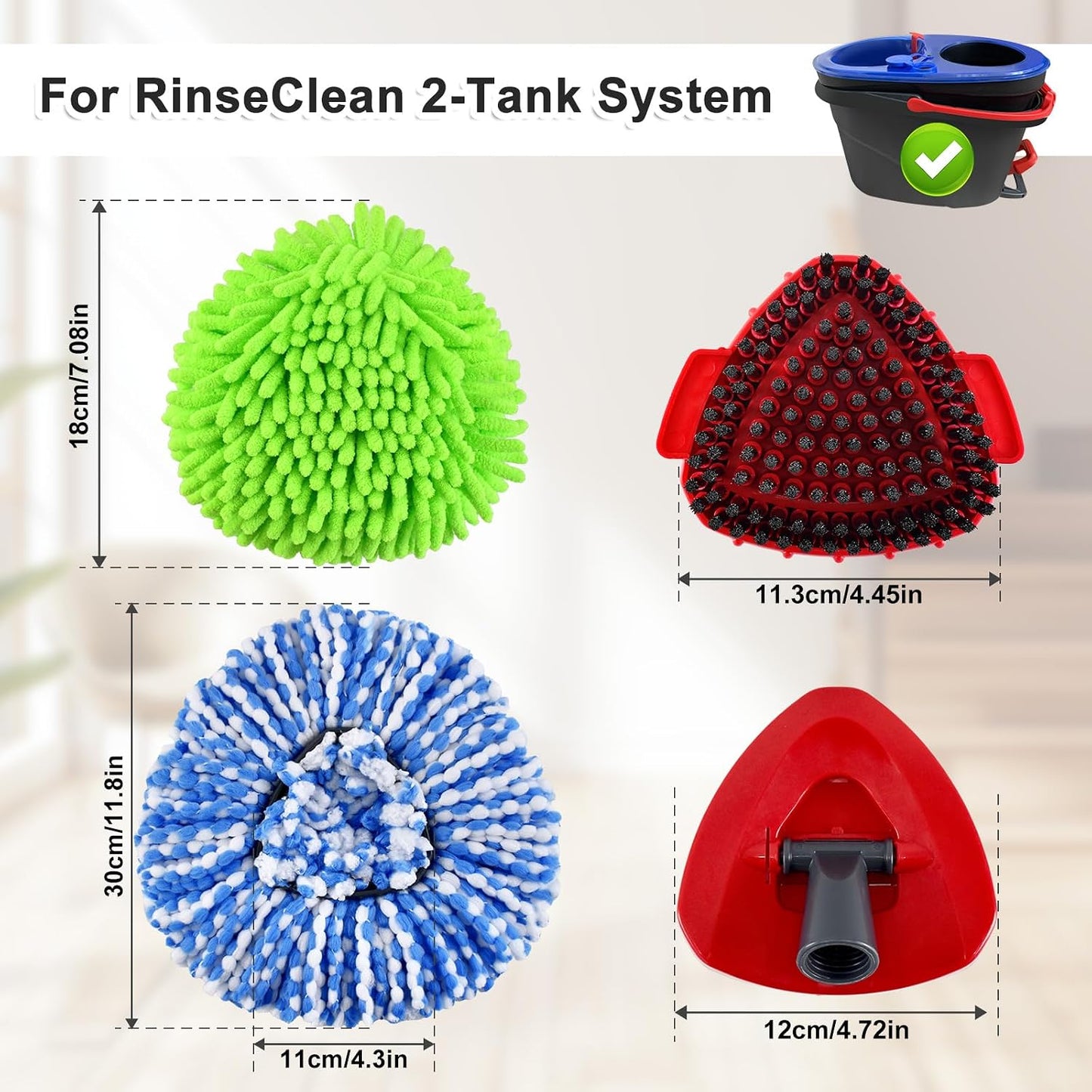 Mop Head Replacement for O Cedar, Spin Mop Replacement Head for Ocedar Easywring 2 Tank System, Mop Heads Includeds 3 Mop Replacement Heads, 2 Spin Scrub Brush, 1 Base & 1 Chenille Pad