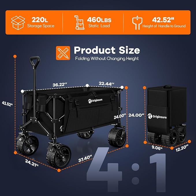 38"L Collapsible Wagon Cart Foldable, 460lbs Weight Capacity 220L Heavy Duty - Image 4