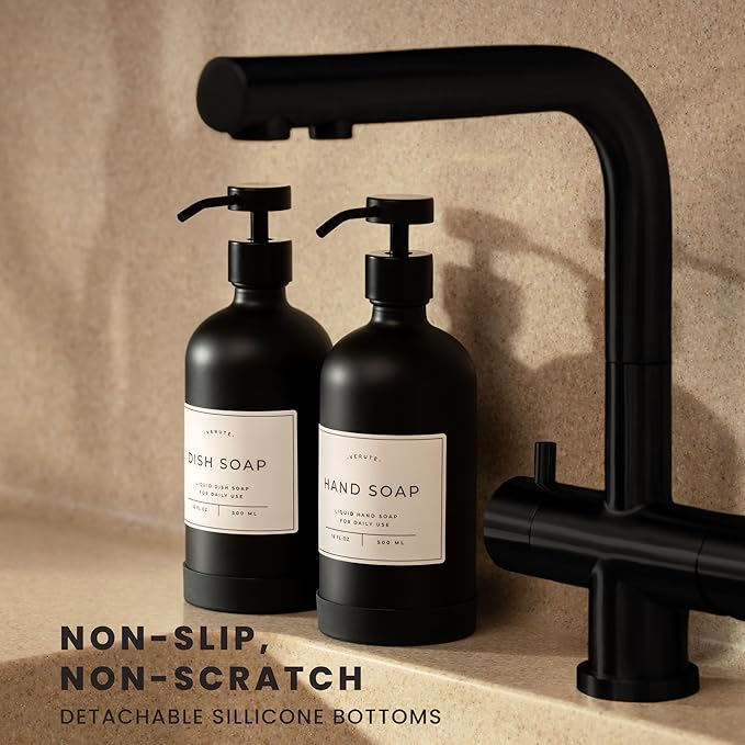 16oz Glass Soap Dispenser with Stainless Steel Pump, 21 Waterproof Labels - Image 2
