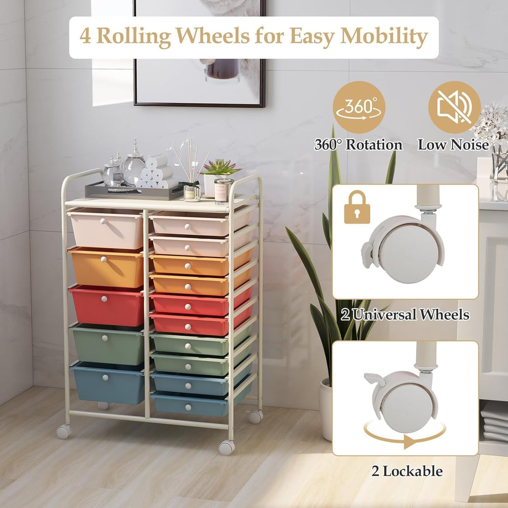 LDAILY 15 Drawer Rolling Storage Cart, Rolling Cart with Drawers for Classroo...