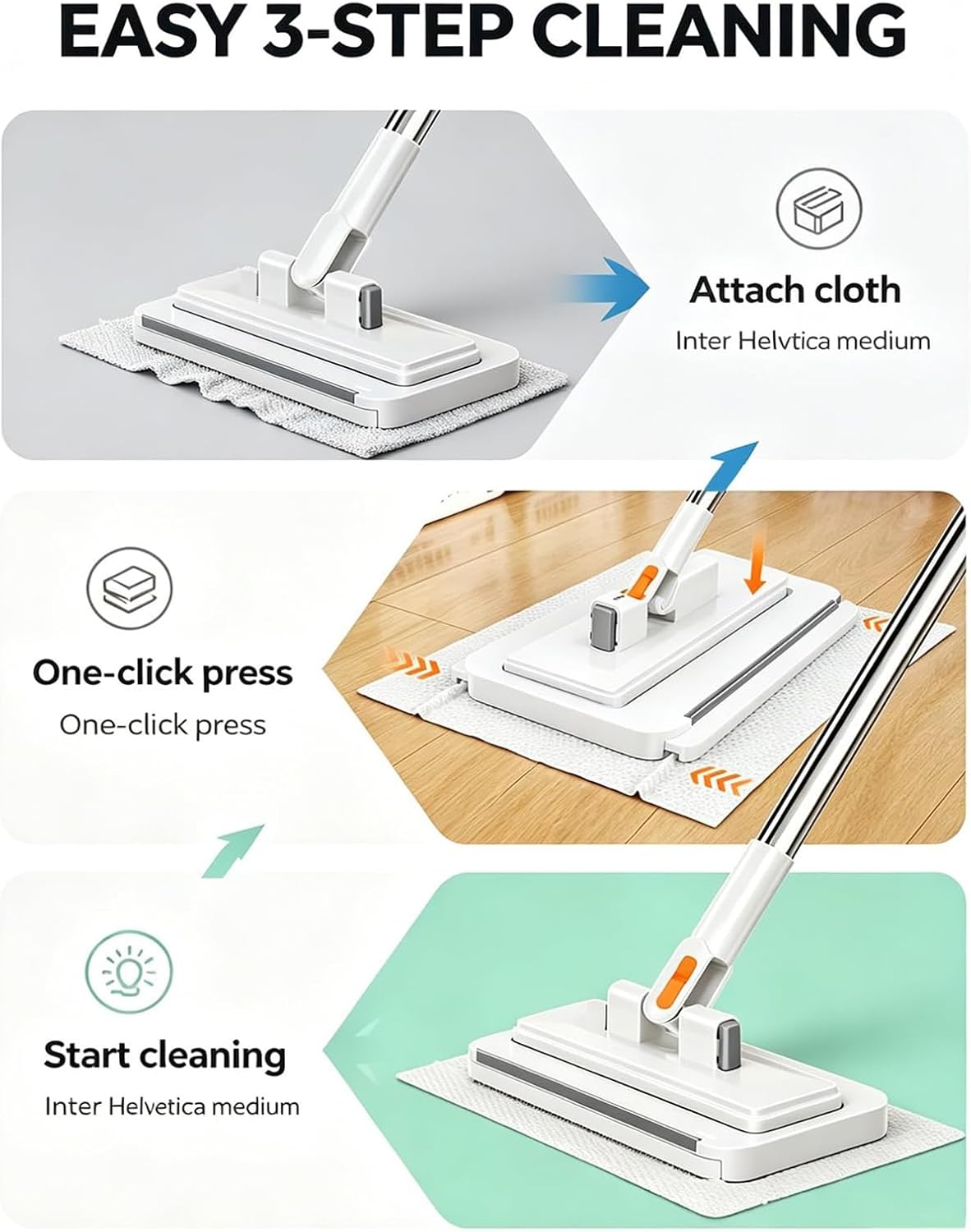 Gropething Mop, Hands-Free Multi-Purpose Flat Mop – Lazy Cleaning with Long Handle & Locking Head for Wall, Bathroom, Toilet, Corners, Multi-Surface Dusting with Disposable Cloths (Long:37in)