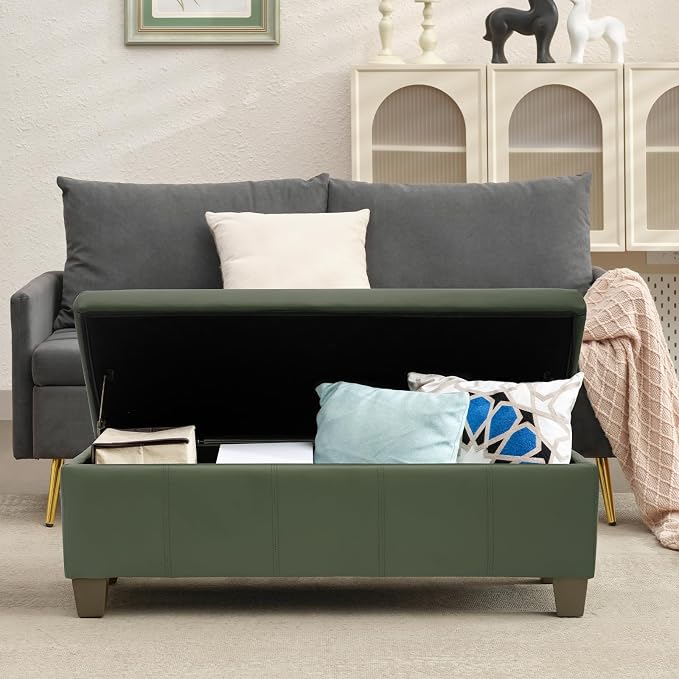 Teal Faux Leather Ottoman with Storage, Rectangular Extra Long Storage Bench - Image 2