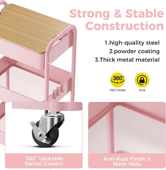 3 Tier Rolling Cart with Table top, Metal Rolling Utility Cart, Sturdy Storage - Image 5