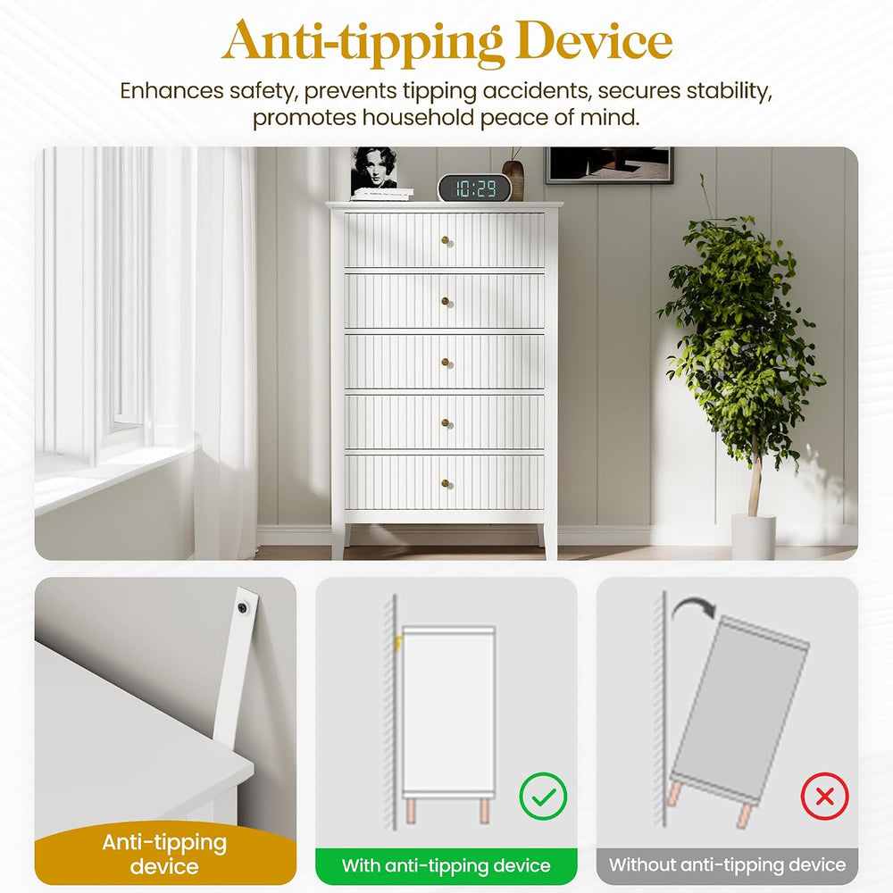 RoyalCraft White Fluted 5 Drawer Dresser for Bedroom, Tall Chest of Drawers, ...