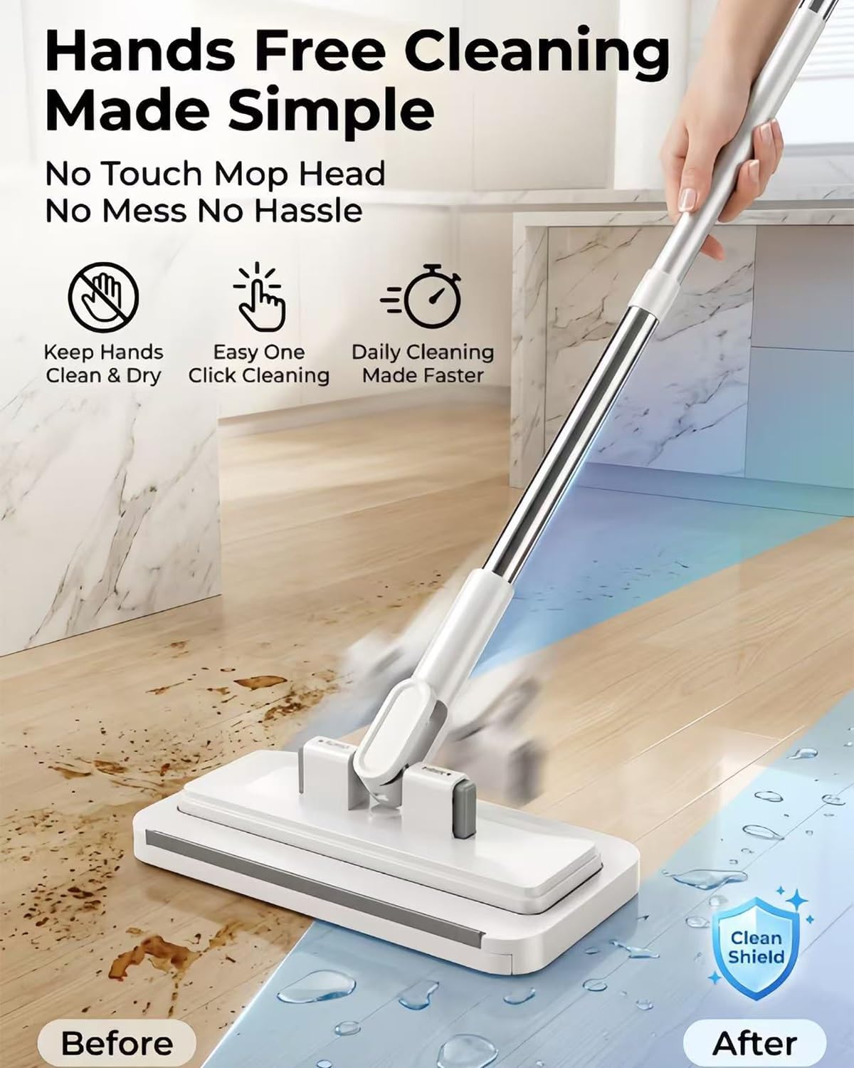 Hands Free Multi Purpose Flat Mop One Click Mini Snap Grip Easy Tap Disposable Multifunctional Lazy Clamp Dust Wall Bathroom Mop System Using Any Cloth Attachment Changing for Floor(53.1in Set)