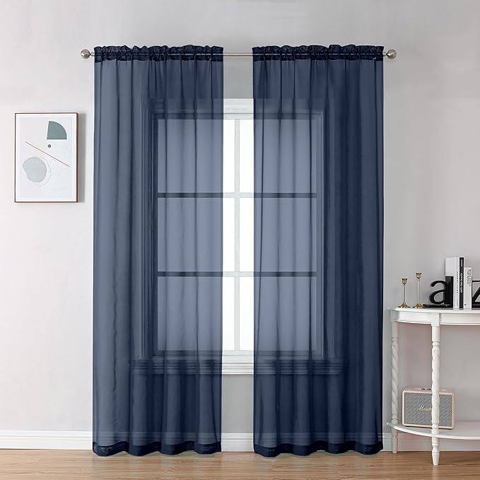 Chyhomenyc Sheer Navy Blue Curtains 90 inches Long 2 Panels, Light Filtering by Chyhomenyc