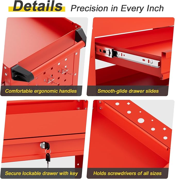 3-Tier Rolling Tool Cart with Drawers, Heavy Duty Utility Storage Cart with - Image 6