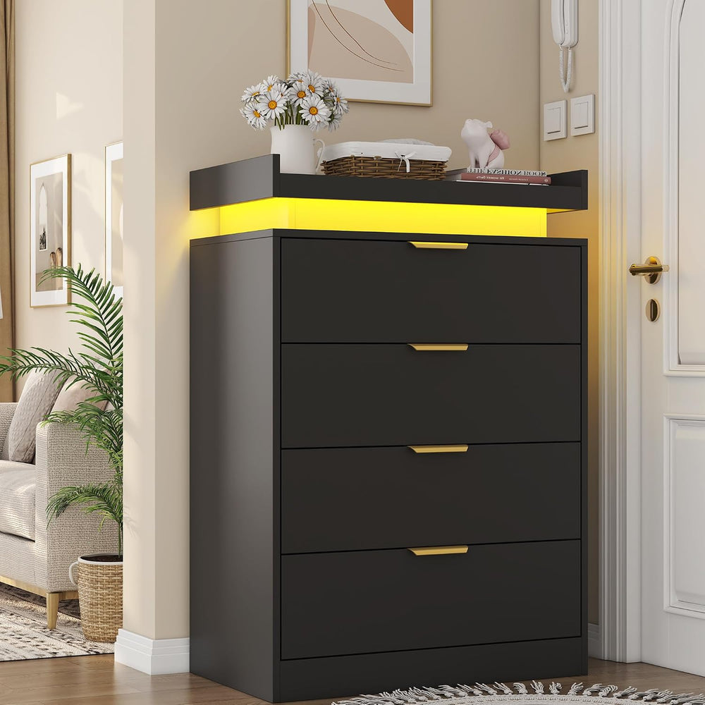 UNIQUITE Black Dresser with LED Lights and Power Outlet, Wooden 4 Drawer Dres...