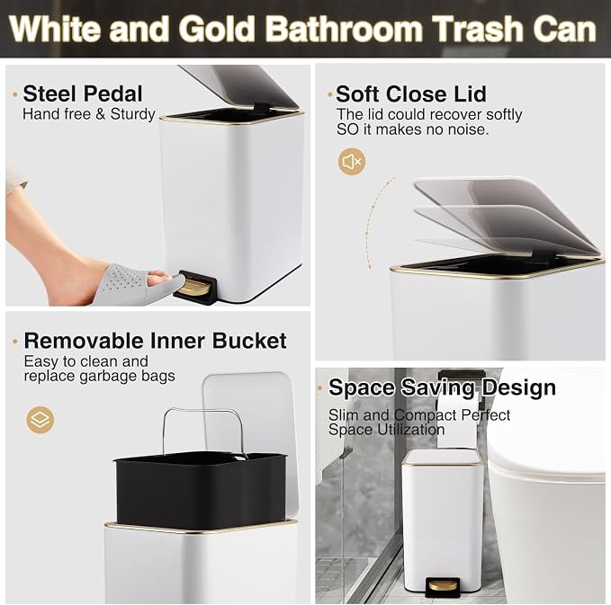 Small Bathroom Trash Can with Lid Soft Close, 1.8 Gallon Stainless Steel - Image 2