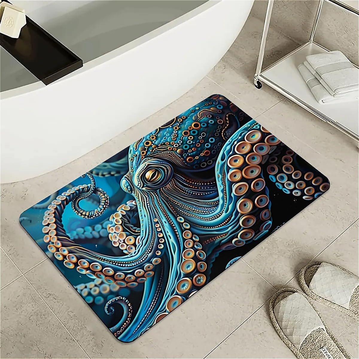 Bath Mat Rug,Blue Octopus Non Slip Quick Dry Super Absorbent Thin Bathroom Rugs Fit Under Door-Easy to Clean Bathroom Floor Mats-Shower Rug for Shower Sink Bathtub(16" x 24"in)