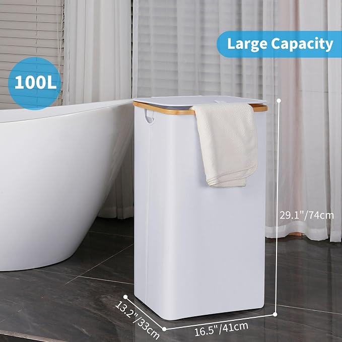 efluky Laundry Hamper with Lid, 100L Tall Laundry Basket with Bamboo Handles - Image 2