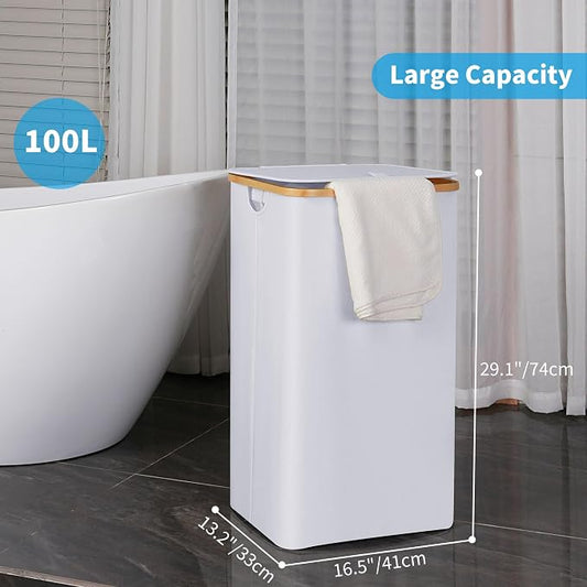 efluky Laundry Hamper with Lid, 100L Tall Laundry Basket with Bamboo Handles - Image 2