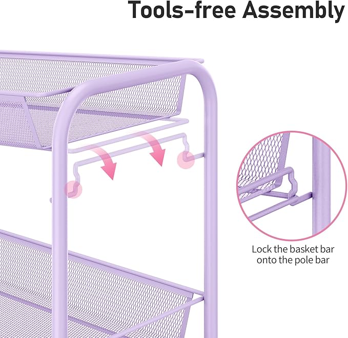 TOOLF 3-Tier Metal Rolling Cart, Mesh Wire Easy Assemble Utility Cart, Storage - Image 4