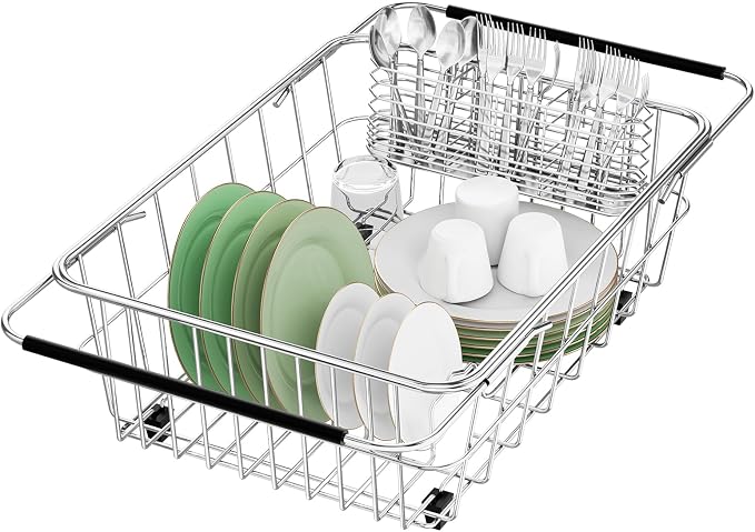 Large Sink Dish Drying Rack, Expandable 304 Stainless Steel Metal Dish Drainer by SwetLao