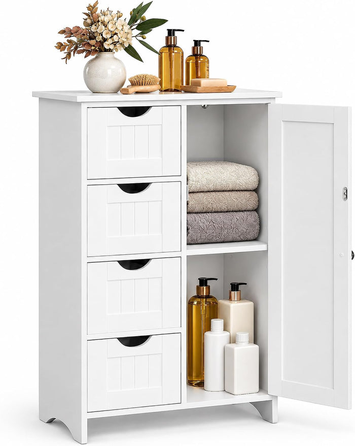 JUMMICO Bathroom Storage Cabinet, Floor Cabinet with 4 Drawers and 1 Adjustable Shelf, Storage Oragnizer for Living Room, Kitchen, Bathroom (White)