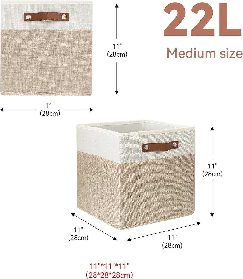 SNWDN 6 Pack Collapsible Fabric Storage Baskets with Handles (White/Beige 11x...