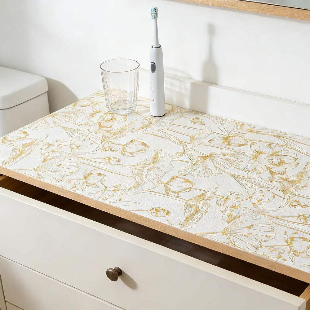 Shelf Liners Thickened Non-Slip Non Adhesive Light Base Gold Lotus Pattern
