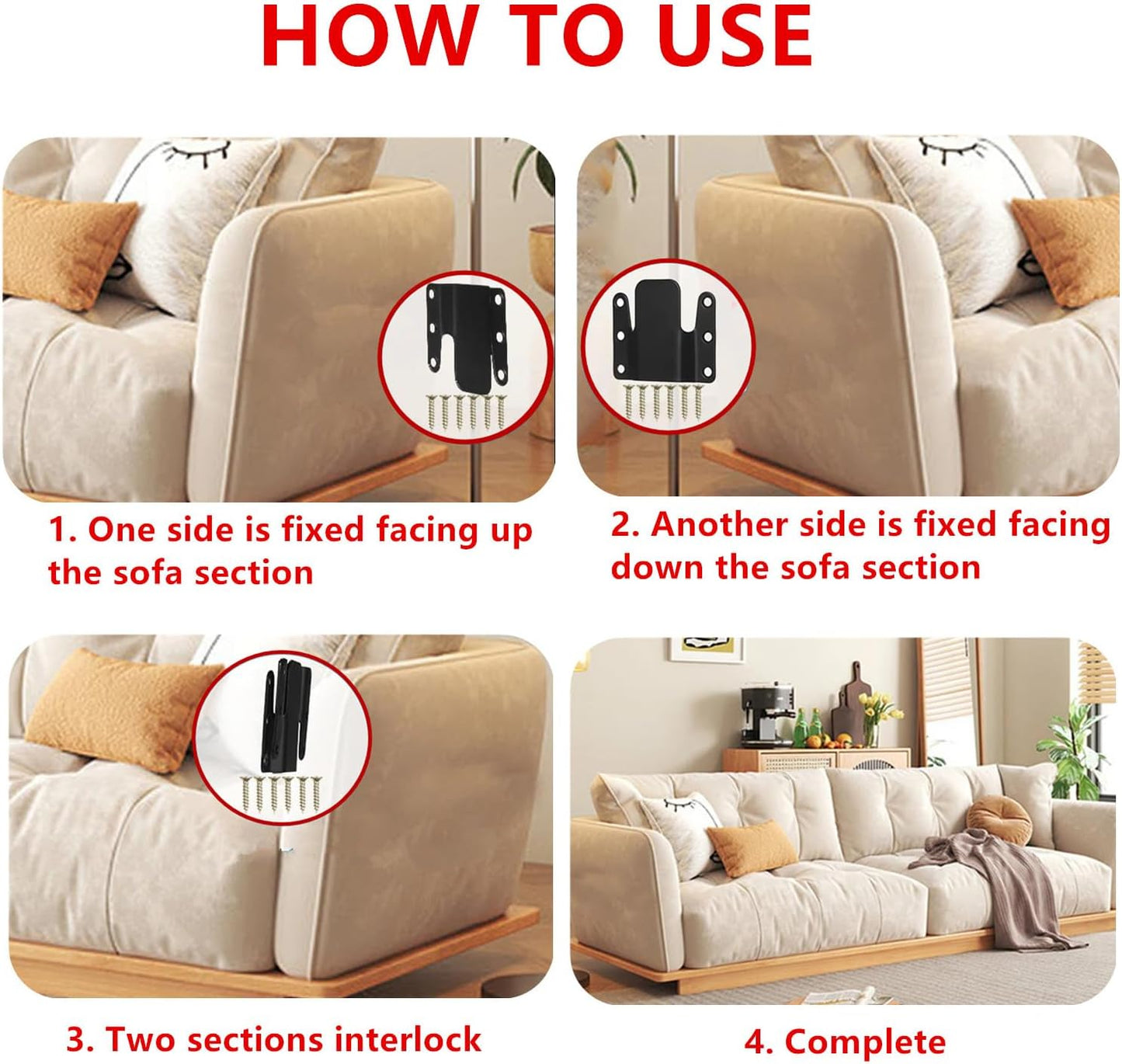 Universal Sectional Sofa Interlocking, 8 Pieces Metal Couch Clips Sofa Connectors Bracket Furniture Connectors with Screws, 4 Sets