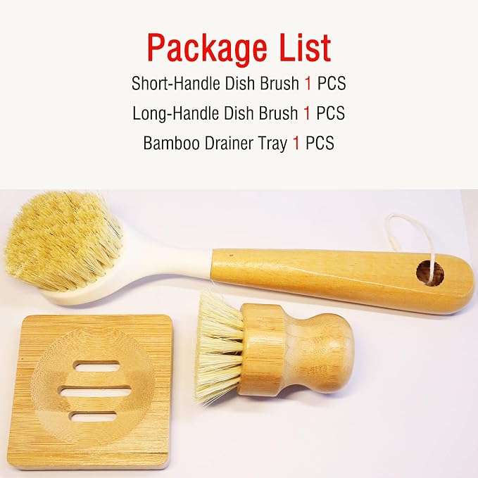 Natural Bristle Dish Brush Set, 1 Wooden Dish Brush and 1 Bamboo Dish Brush - Image 7
