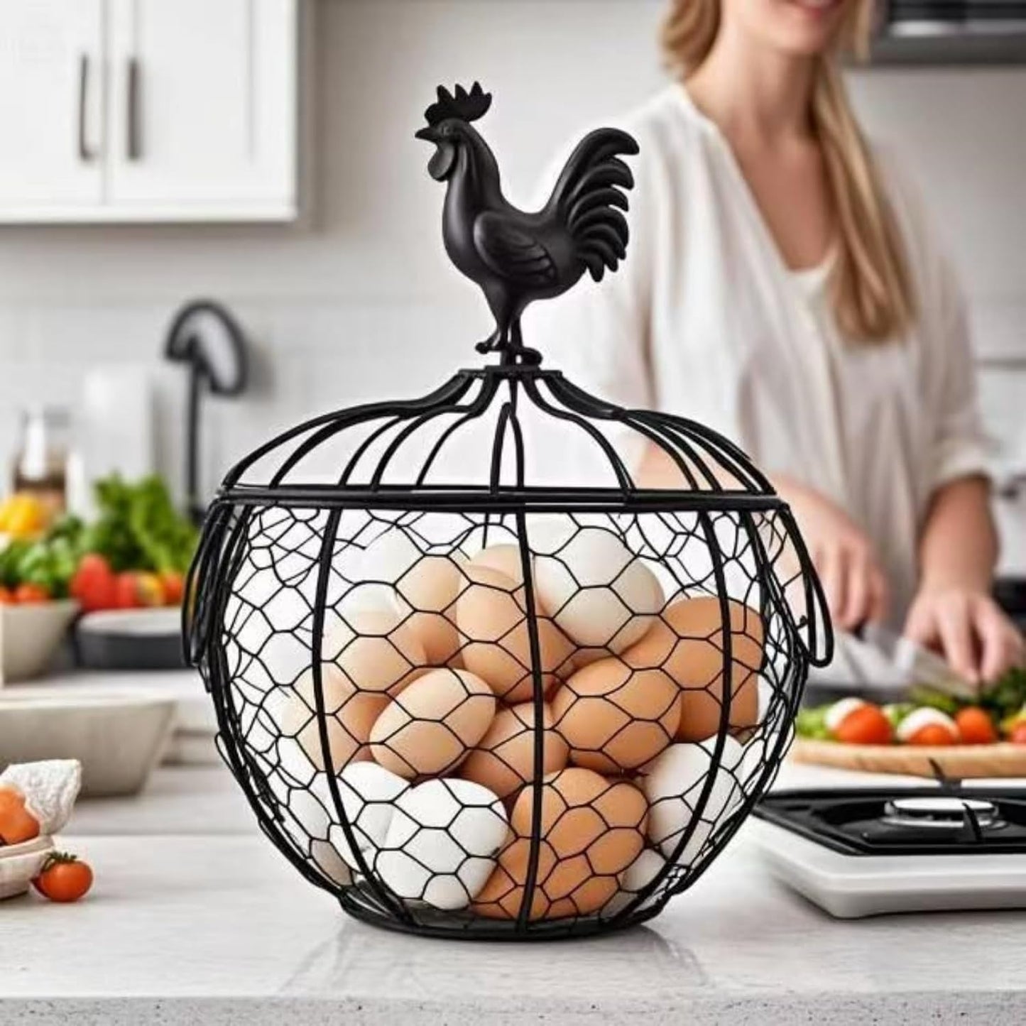 Wire Egg Basket for Gathering Fresh Eggs with Handle | Metal Egg Holder Countertop | Farm Fresh Egg Collecting Basket and Storage Holder | Suitable for Kitchen, Countertop and Farm (About 36 Eggs)