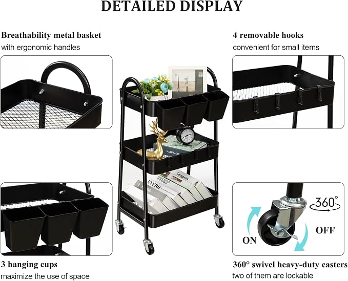 danpinera 3-Tier Rolling Cart, Metal Rolling Storage Cart - Image 2