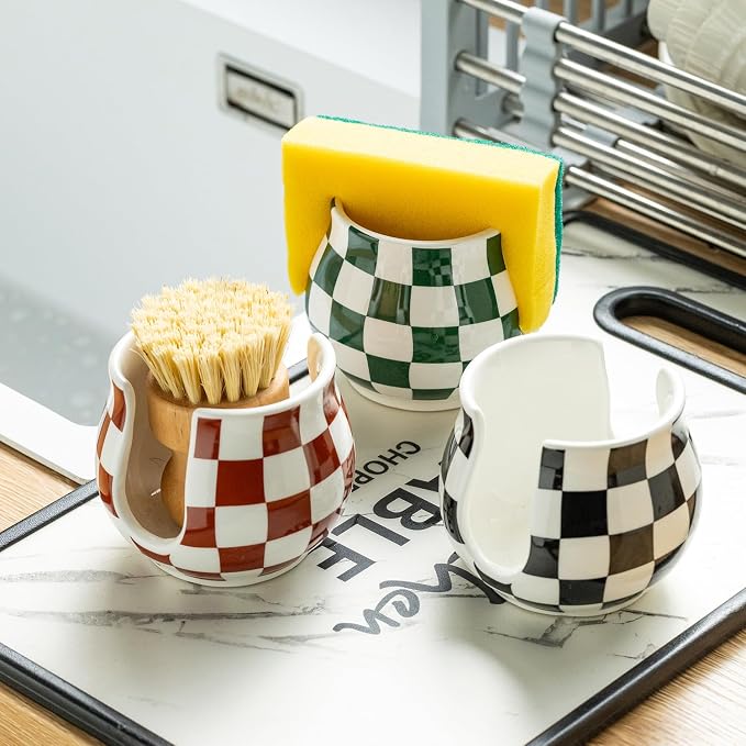 Checkered Sponge Holder for Kitchen Sink, Ceramic Dish Sponge Dish Rack Scrubby - Image 7