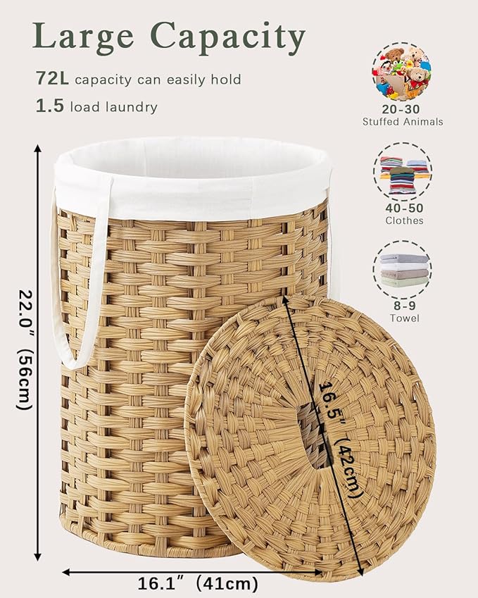 Laundry Hamper with Lid Laundry Basket with Lid 19.0 Gal Round Wicker Laundry