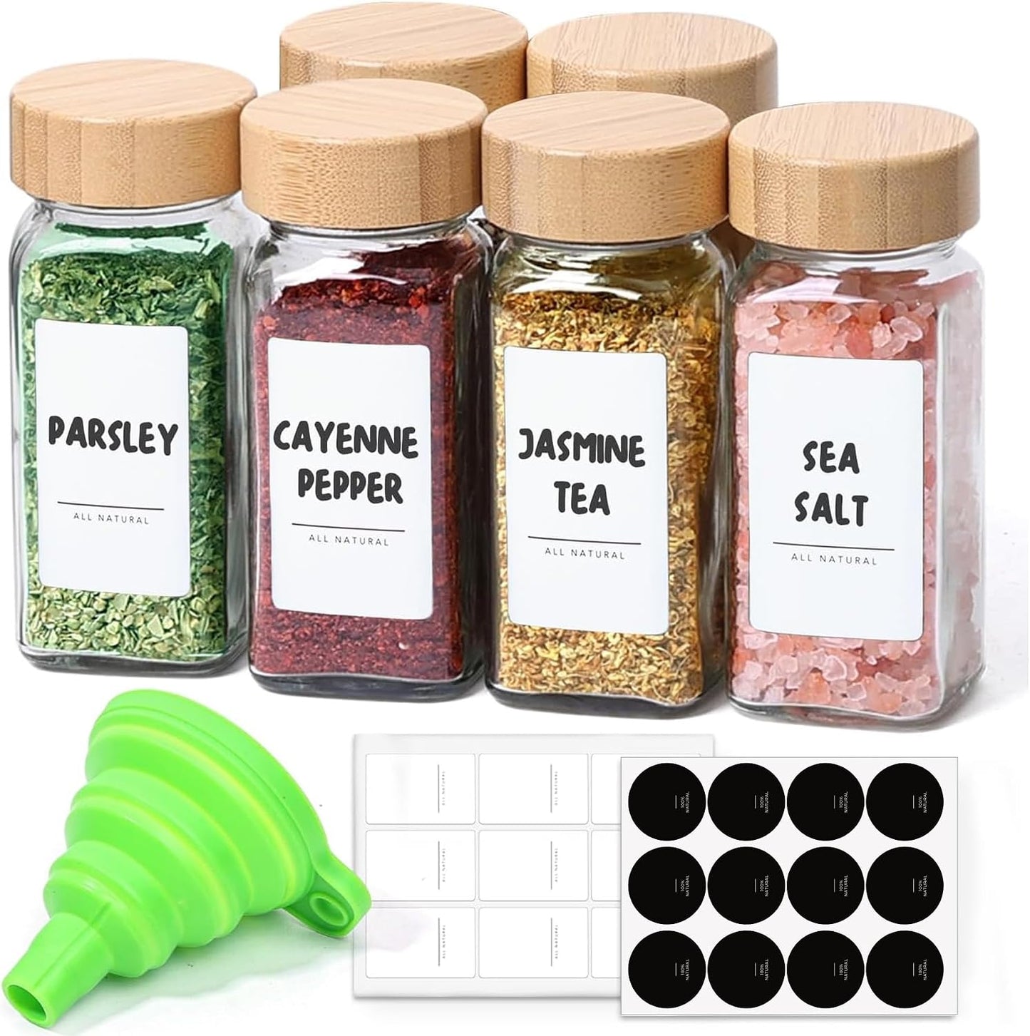 ComSaf Glass Spice Jars with with Labels 4 oz 6 Pack Small Bamboo Lids | Empty Containers, Seasoning Herb Powder, Salt Pepper Chili, Spice Rack Organization, Kitchen Cabinet Storage, Funnel Included