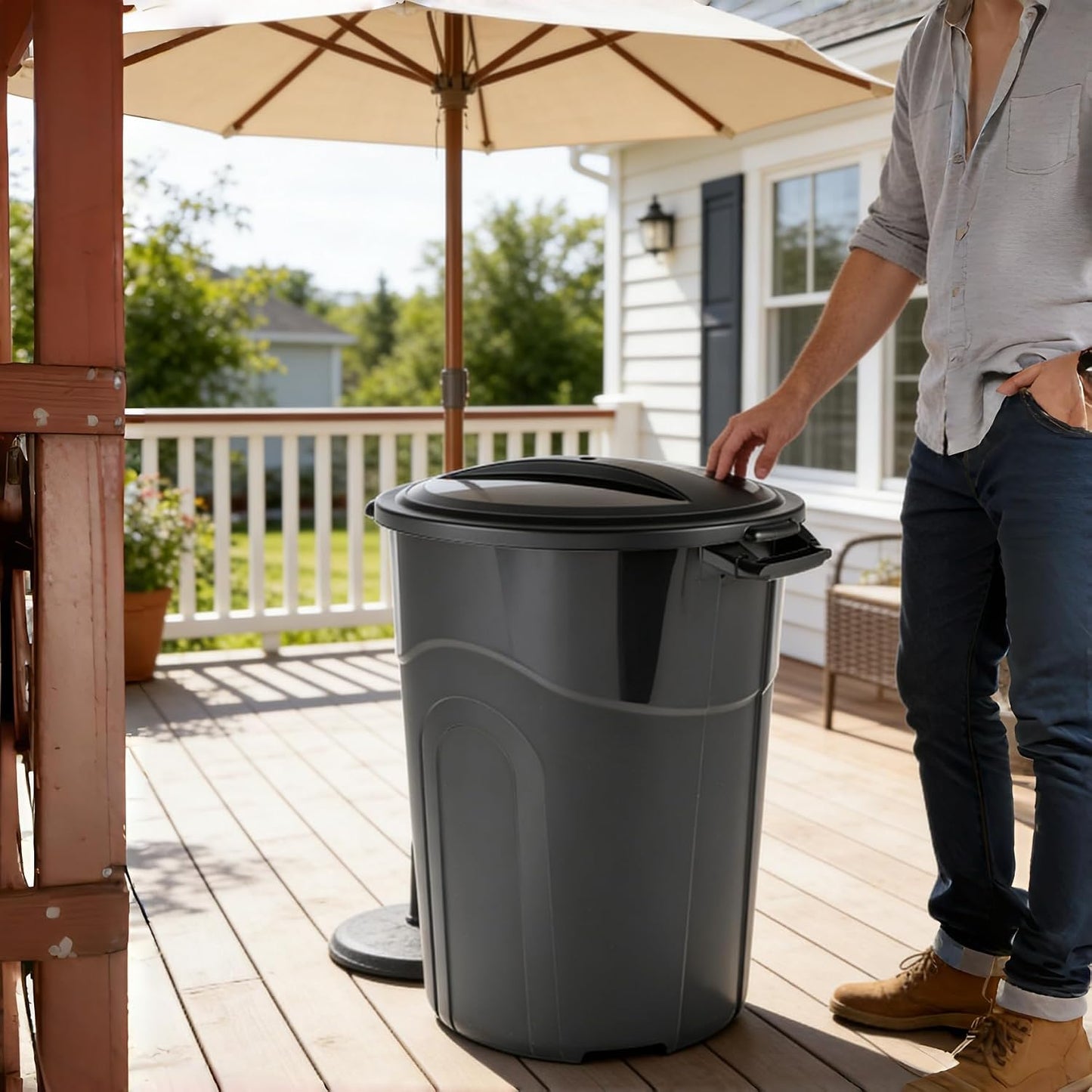 Black 32 Gallon Heavy Duty Plastic Garbage Can, Outdoor Trash can with Lid, Included Click Lock Lid and Sturdy Handles Garbage Bin for Outdoor, Kitchen, Garden, Garage
