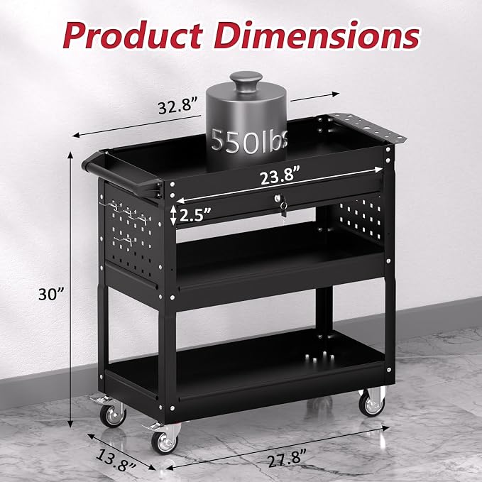 3 Tier Rolling Tool Cart on Wheels, Heavy Duty Service Cart Industrial Utility - Image 3