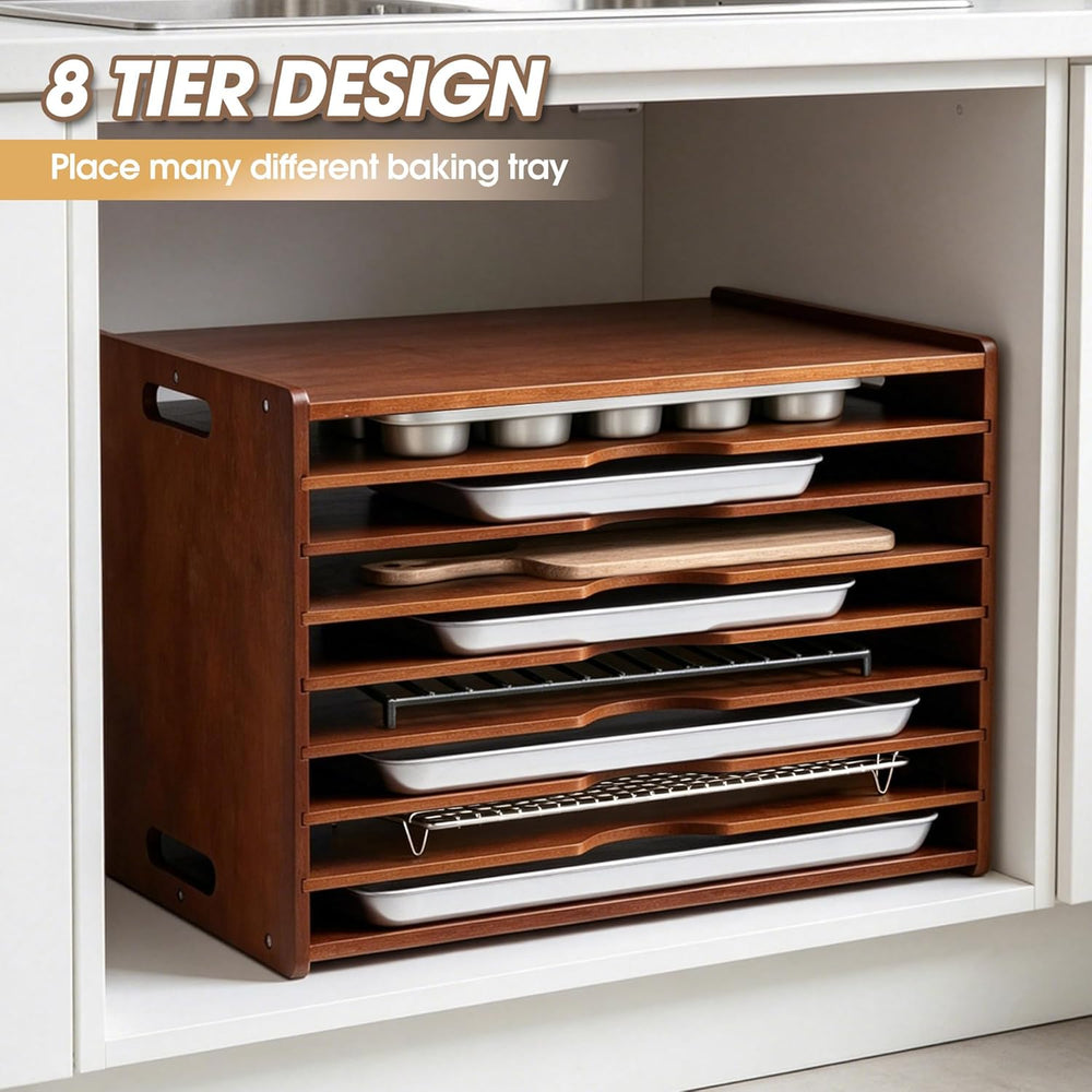 8-Tier Baking Sheet Organizer for Cabinet, 17 x 12 x 14 in Wooden Tray Divide...