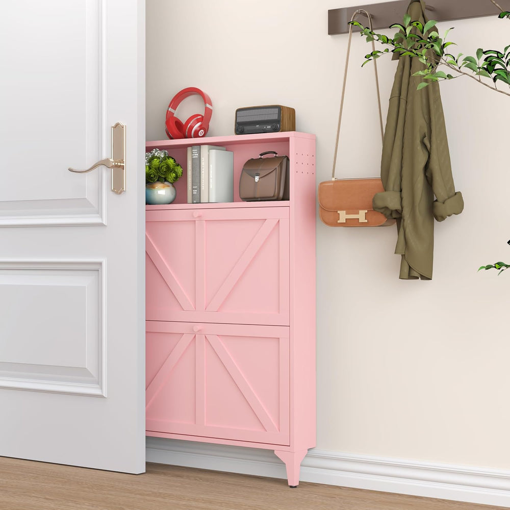 Shoe Cabinet with 2 Flip Drawers, Narrow Shoe Storage Cabinet, Farmhouse Shoe...