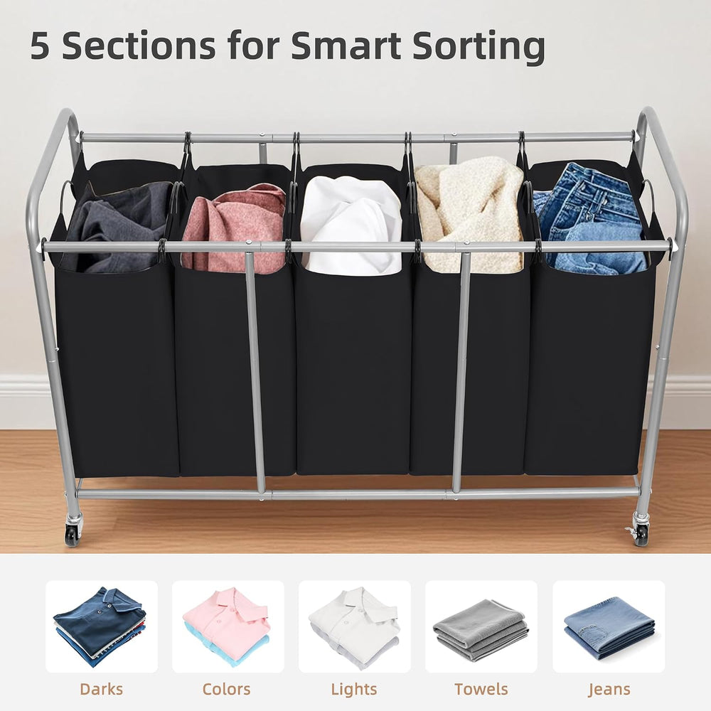 STORAGE MANIAC 5 Section Laundry Sorter, 5 Bins Rolling Separator Laundry Bas...