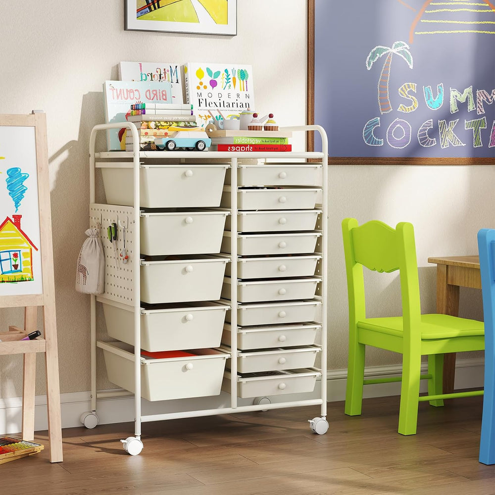 Giantex 15 Drawer Storage Cart, Rolling Craft Cart with Metal Tabletop & ...