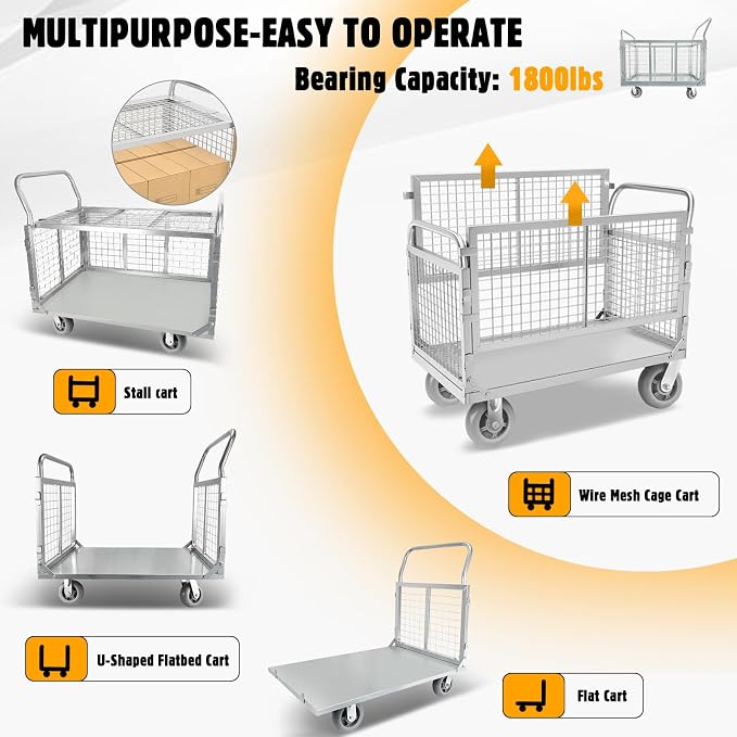 Platform Truck Cart with Cage, 6 in1 Foldable Flatbed Cart Heavy Duty Push Cart - Image 2