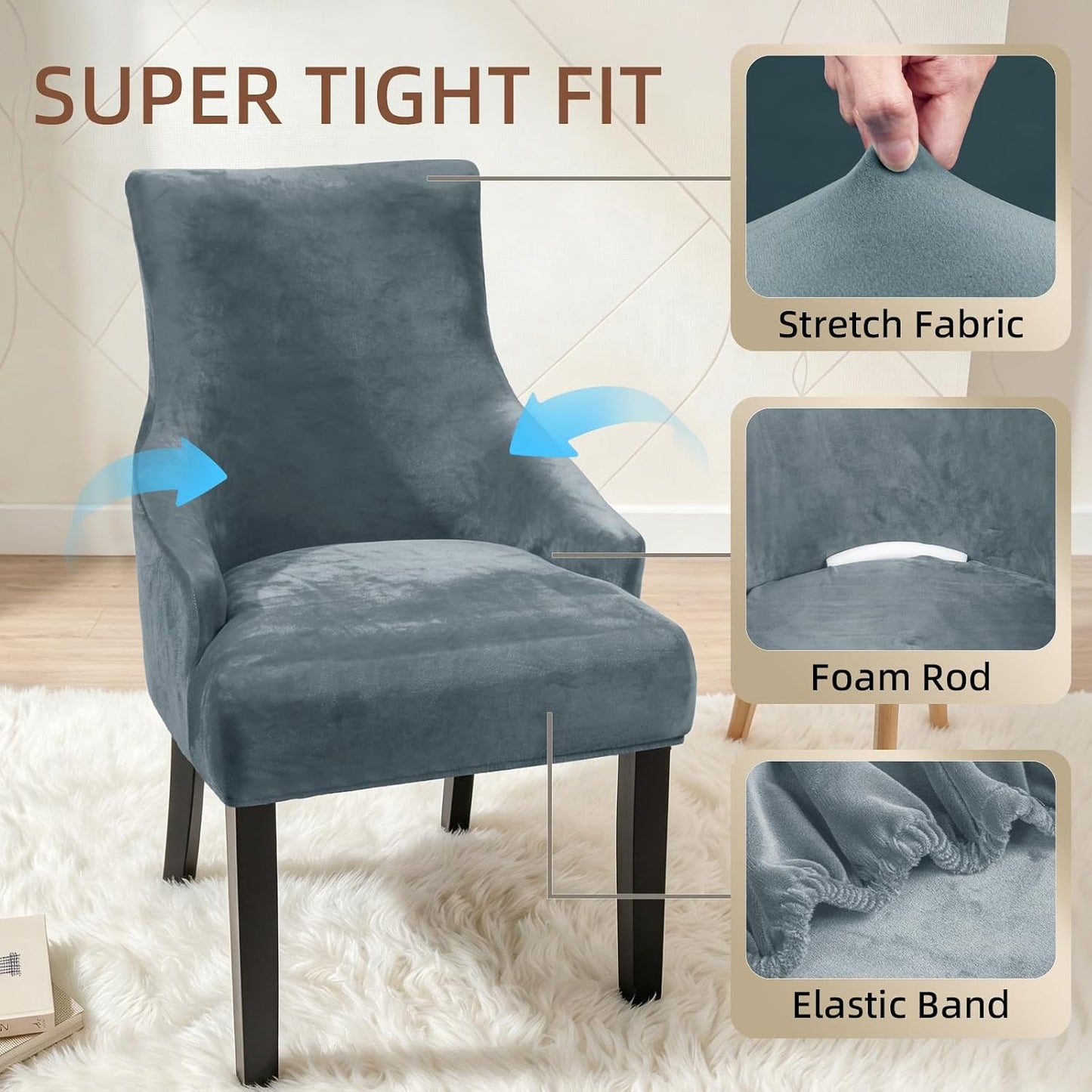 Stretch Velvet Wingback Dining Chair Covers Elegant Soft Wingback Dining Chair Slipcover Washable Wing Back Chairs Slipcovers Wing Chairs Protect Covers for Living Room (Light Grey, 2PCS)